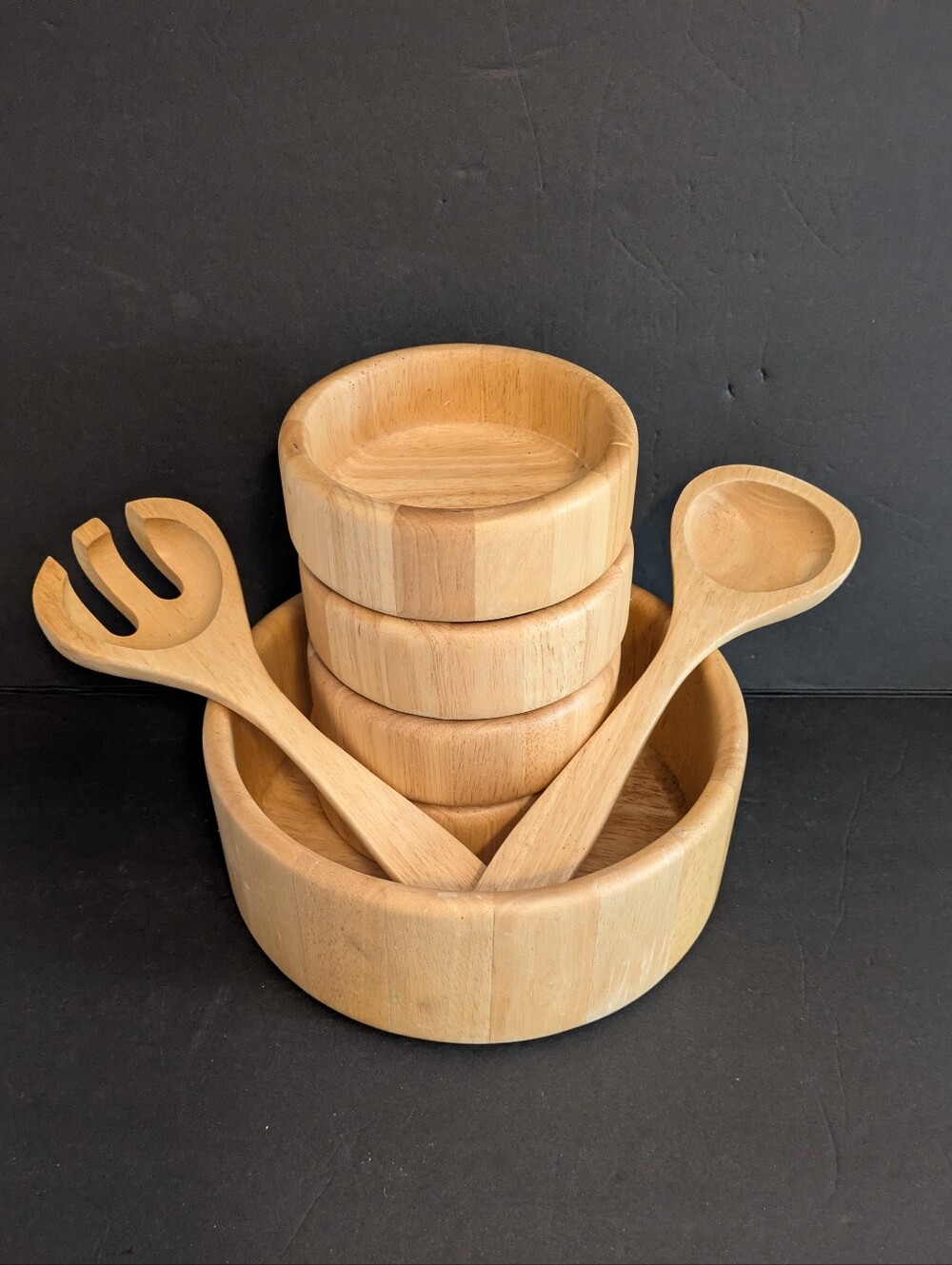 Salad Bowl Set Teak Wood Four Serving Bowls Two Utensils Thailand NWOT